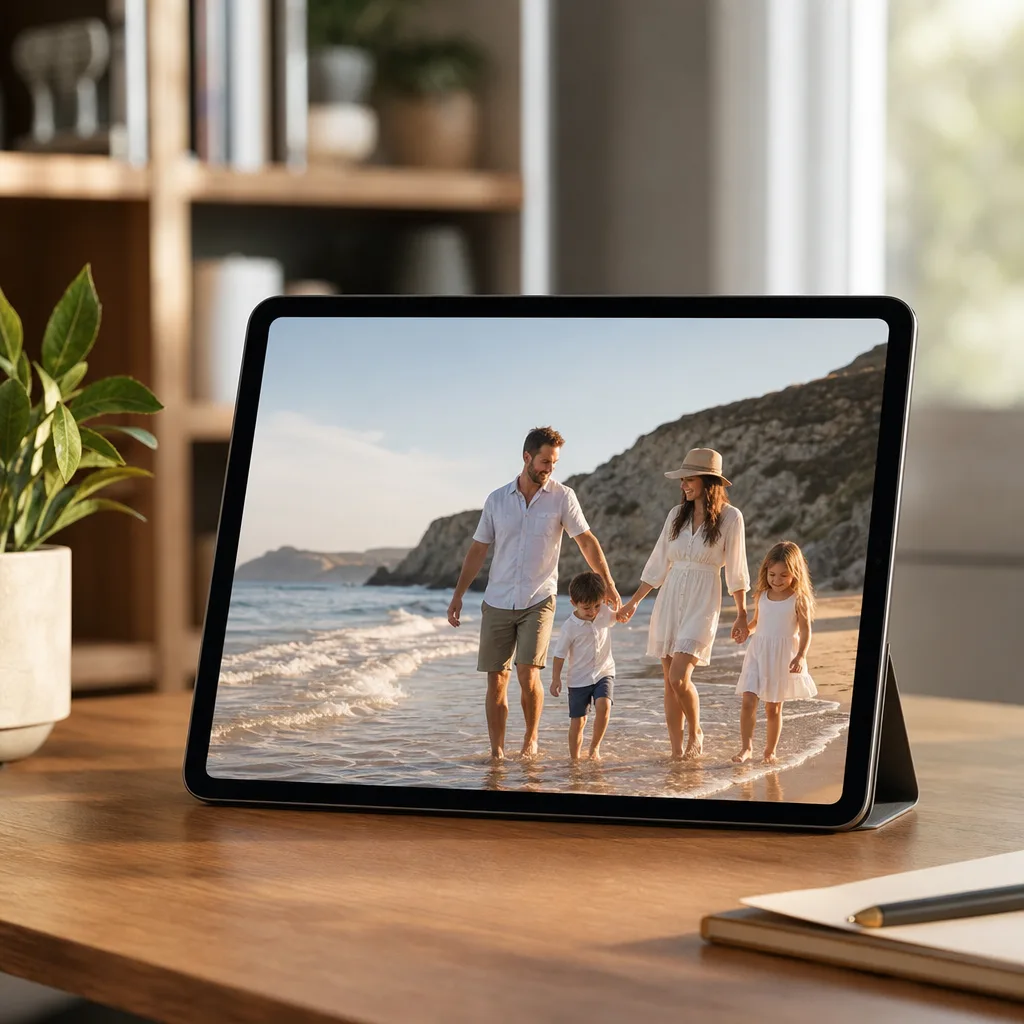iPad playing photos on a shelf or desk