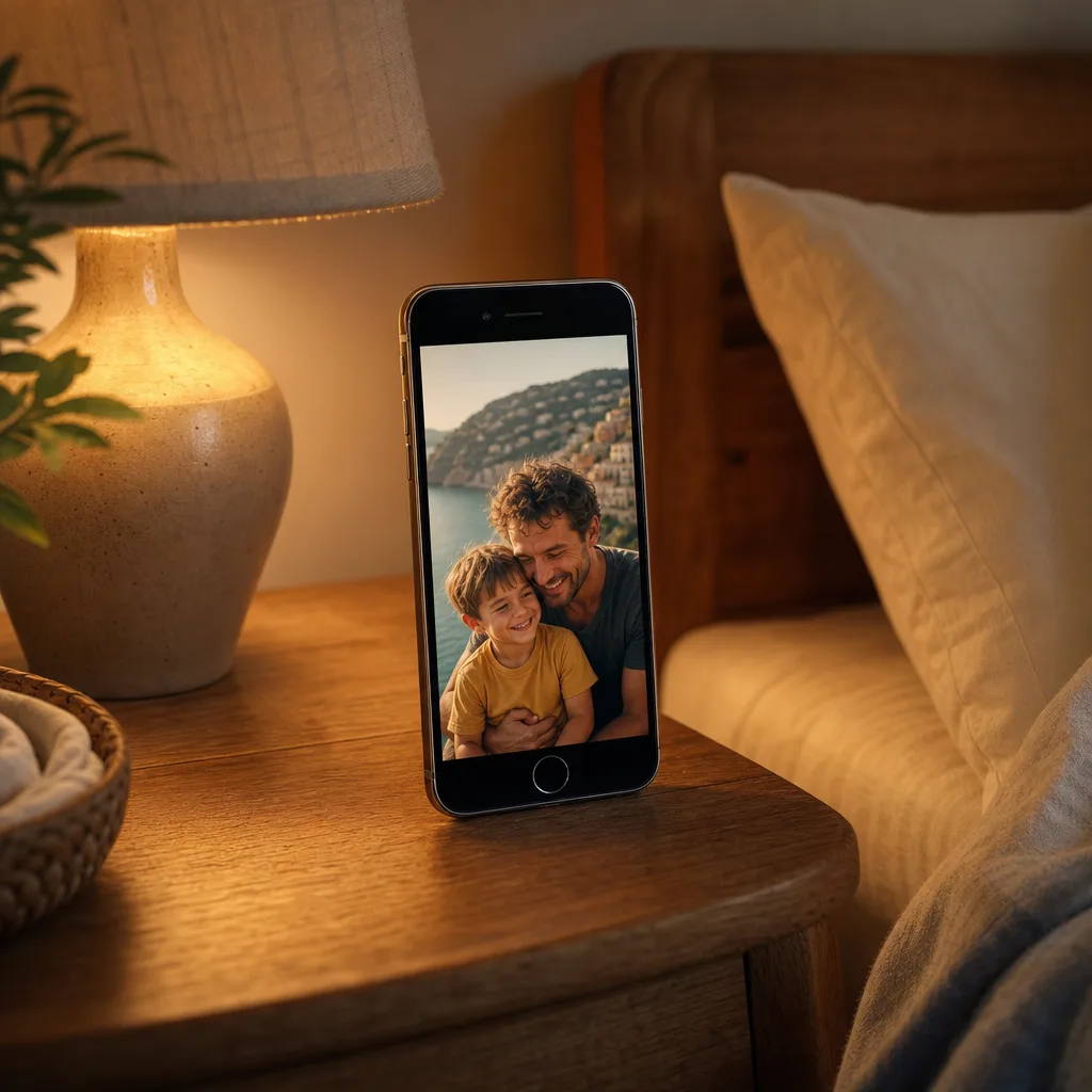 Spare iPhone playing photos on a nightstand